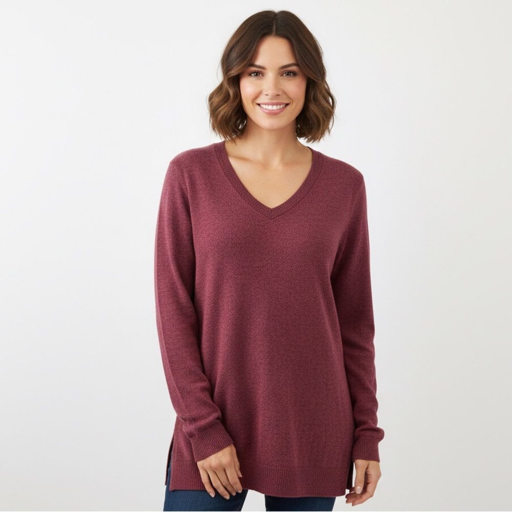 Saturday Sunday Anthropologie Burgundy V-Neck Hacci Knit Tunic Sweater Size XS